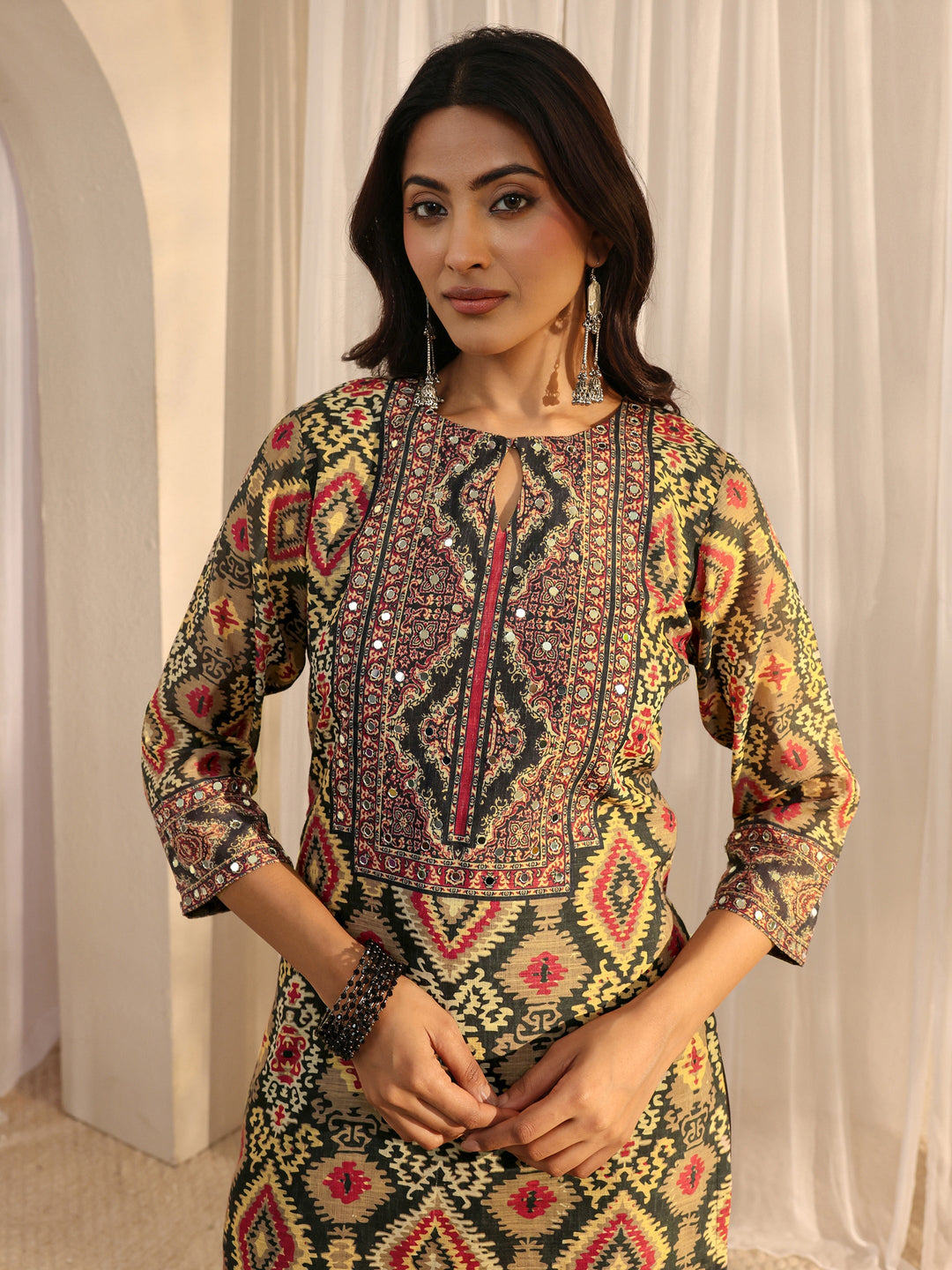Black Abstract Printed Cotton Blend Straight Suit Set With Dupatta