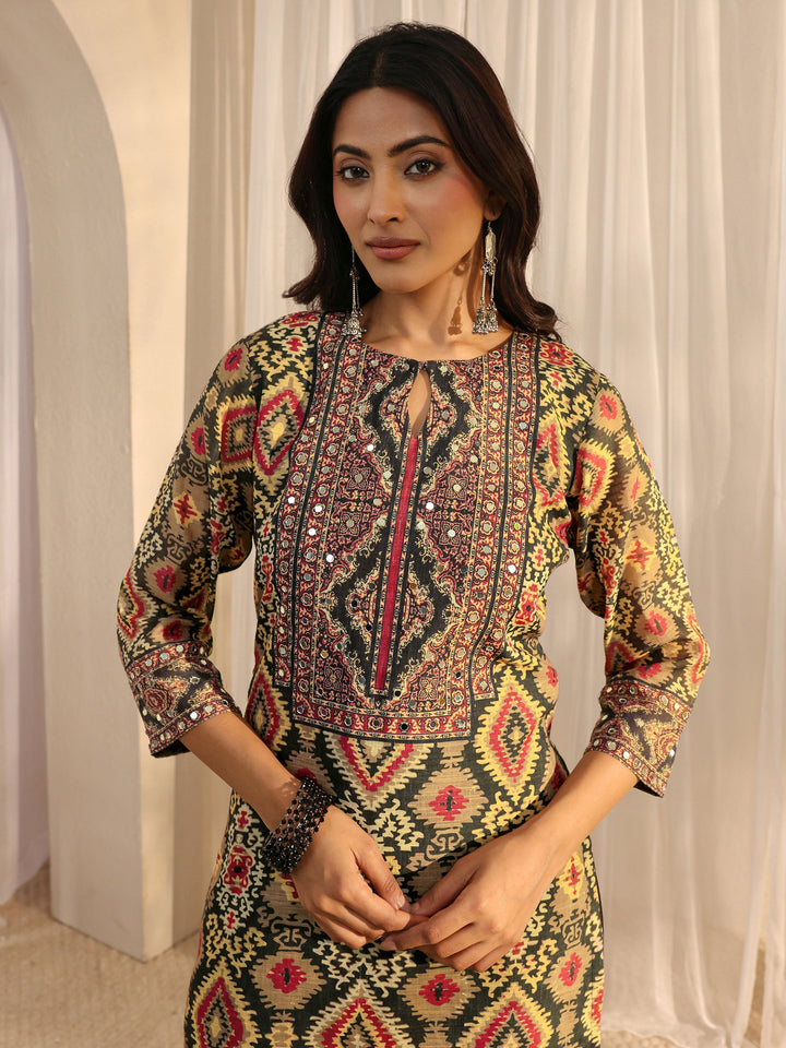 Black Abstract Printed Cotton Blend Straight Suit Set With Dupatta
