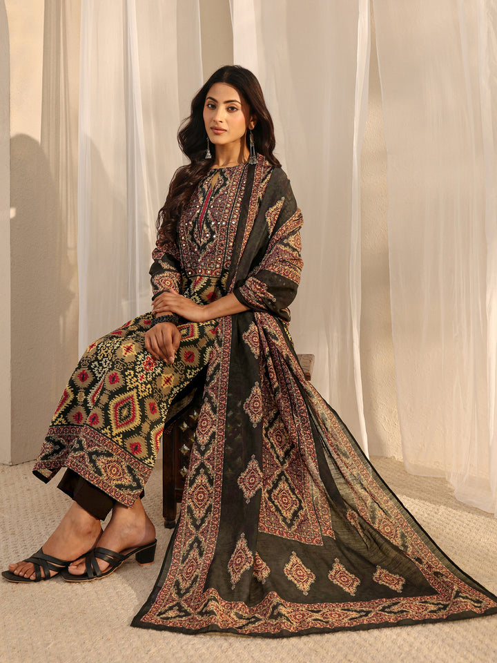 Black Abstract Printed Cotton Blend Straight Suit Set With Dupatta