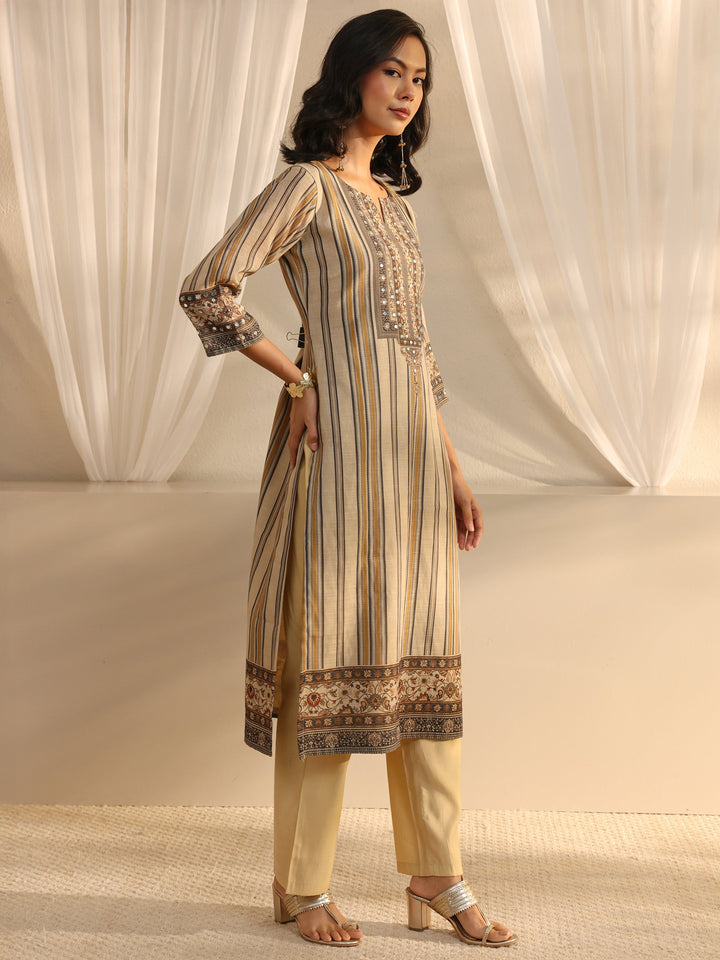 Beige Striped Printed Cotton Blend Straight Suit Set With Dupatta