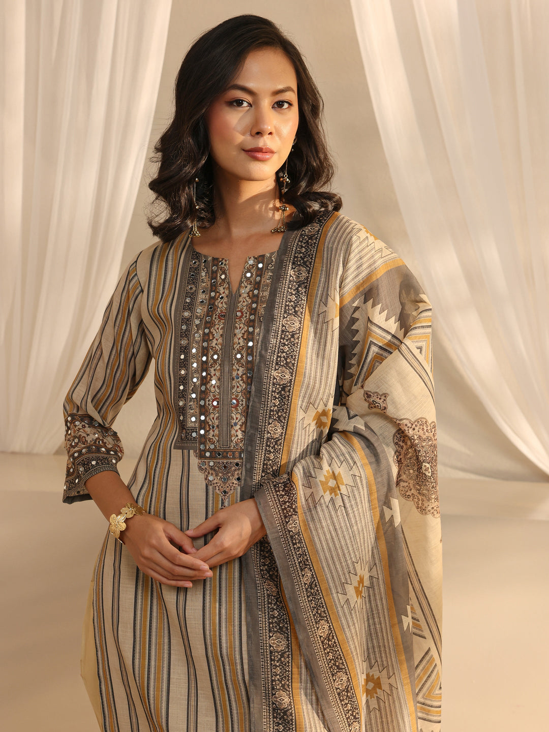 Beige Striped Printed Cotton Blend Straight Suit Set With Dupatta
