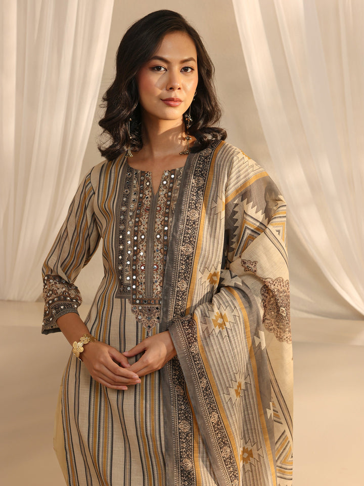 Beige Striped Printed Cotton Blend Straight Suit Set With Dupatta