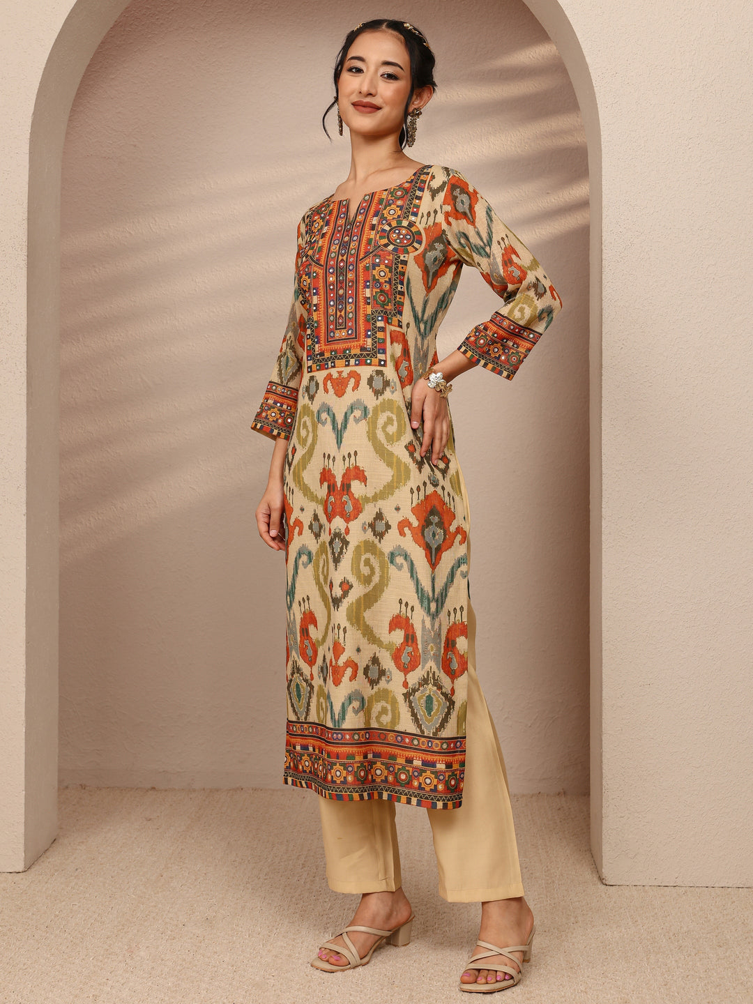 Multi Ethnic Motif  Printed Cotton Blend Straight Suit Set With Dupatta