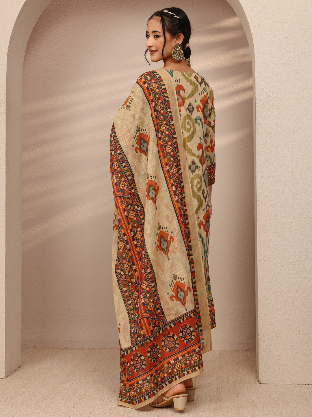 Multi Ethnic Motif  Printed Cotton Blend Straight Suit Set With Dupatta