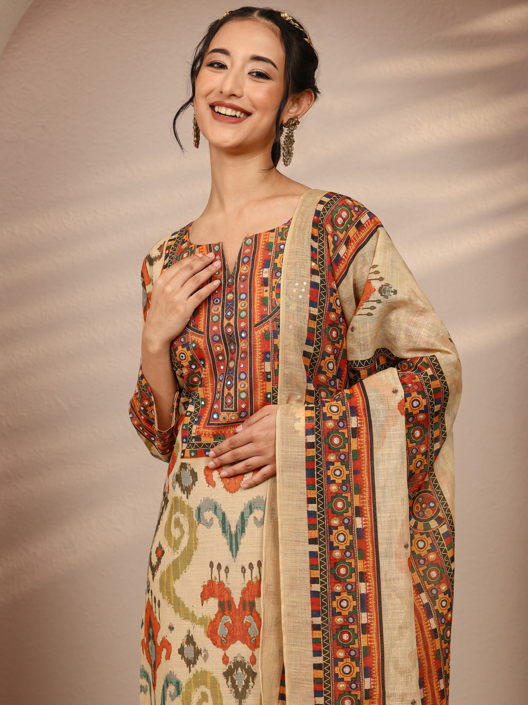 Multi Ethnic Motif  Printed Cotton Blend Straight Suit Set With Dupatta
