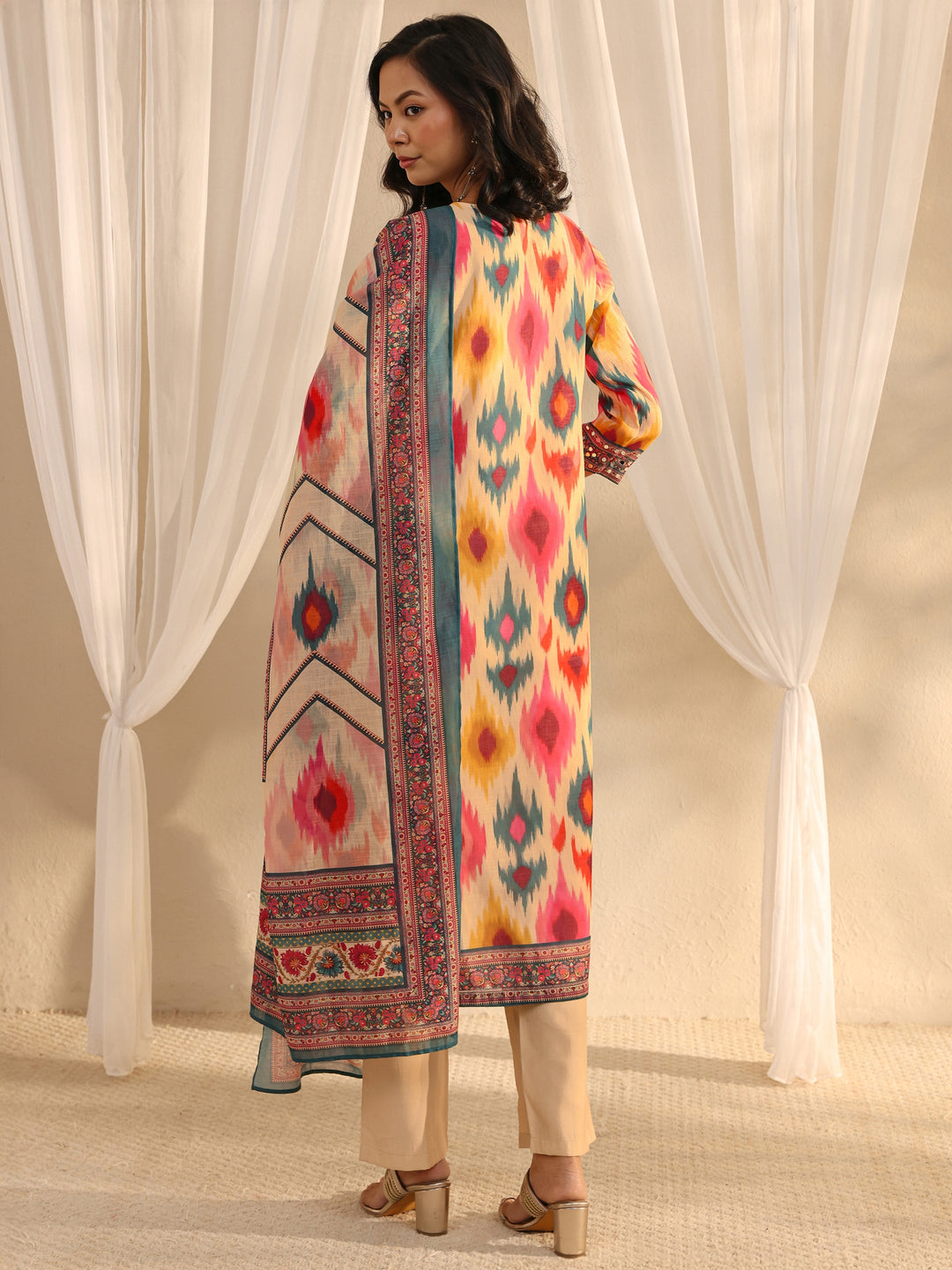 Multi Coloured Printed Cotton Blend Straight Suit Set With Dupatta