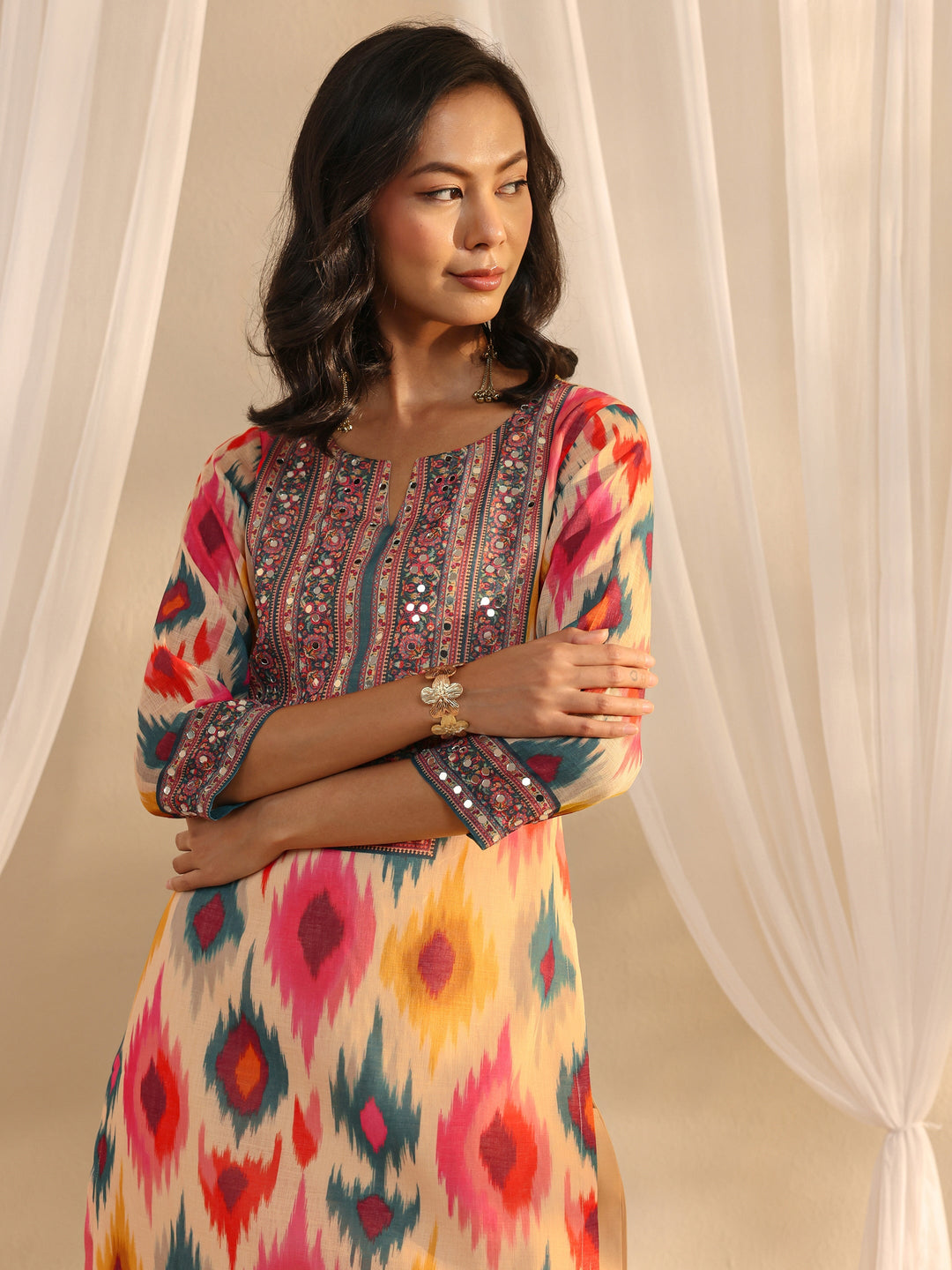Multi Coloured Printed Cotton Blend Straight Suit Set With Dupatta