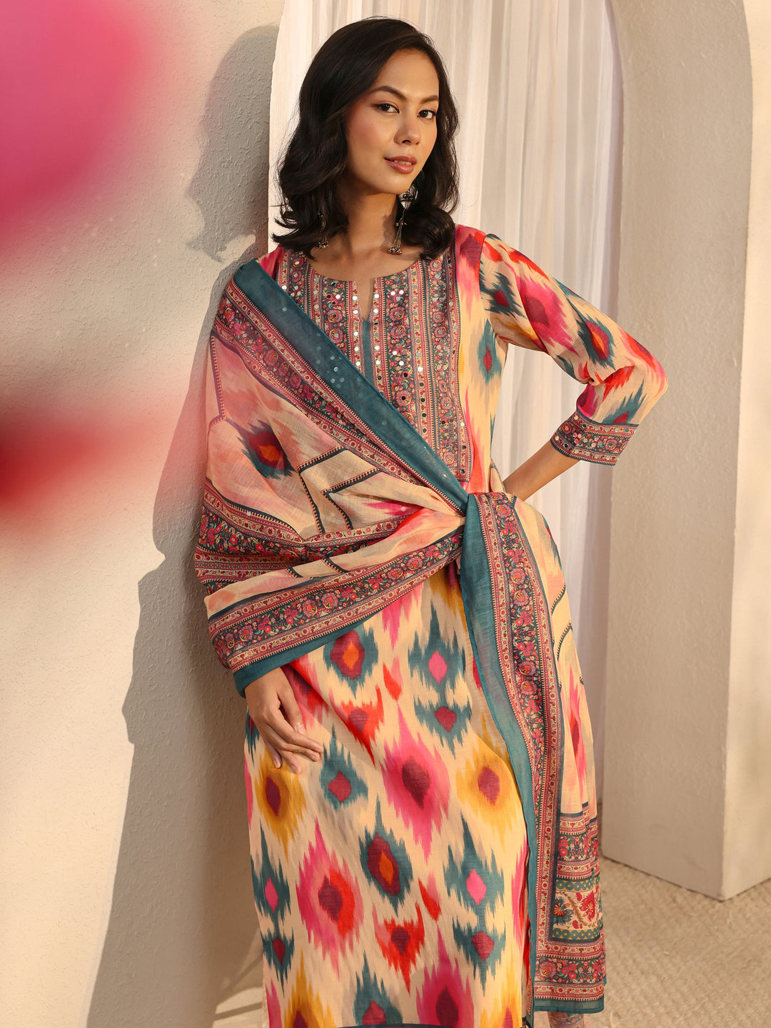 Multi Coloured Printed Cotton Blend Straight Suit Set With Dupatta