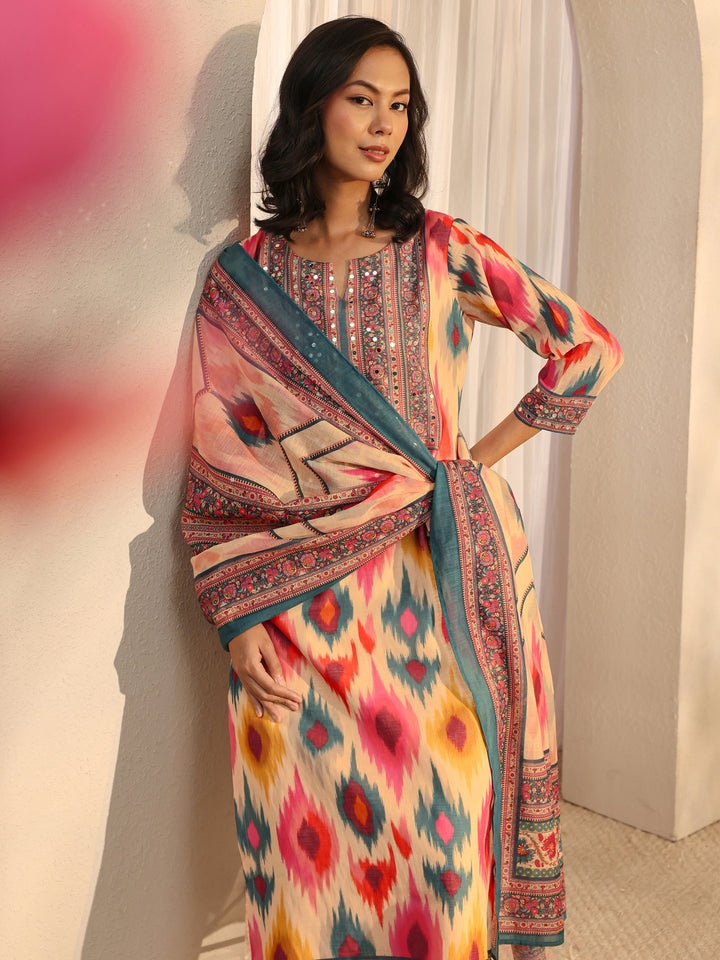 Multi Coloured Printed Cotton Blend Straight Suit Set With Dupatta