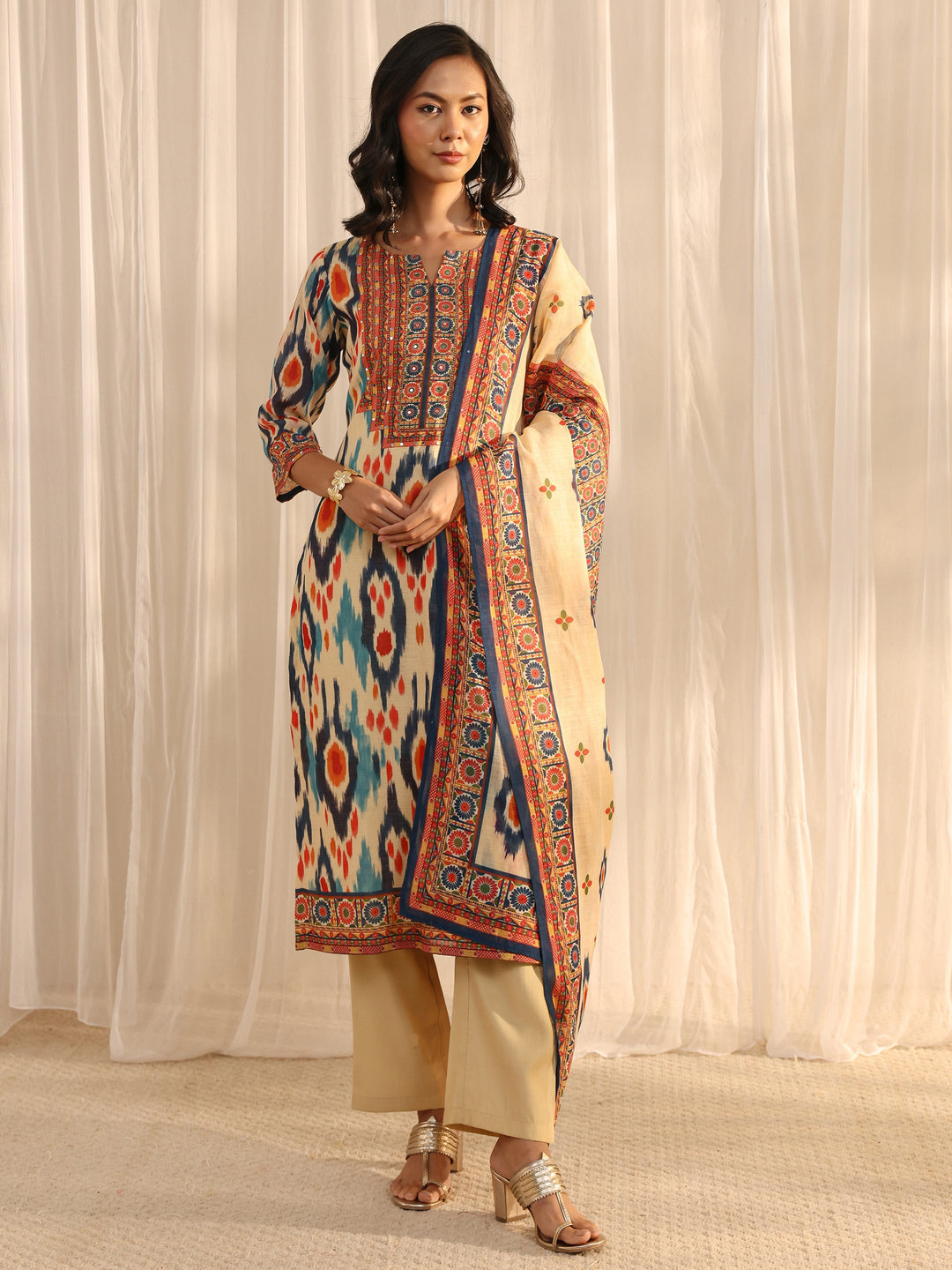 Multi Coloured Printed Cotton Blend Straight Suit Set With Dupatta