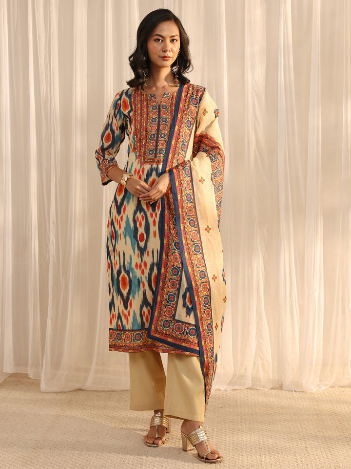 Multi Coloured Printed Cotton Blend Straight Suit Set With Dupatta
