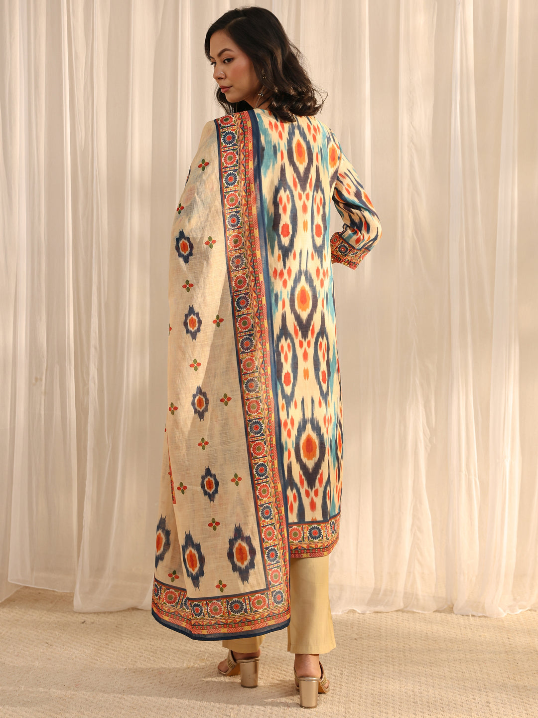 Multi Coloured Printed Cotton Blend Straight Suit Set With Dupatta