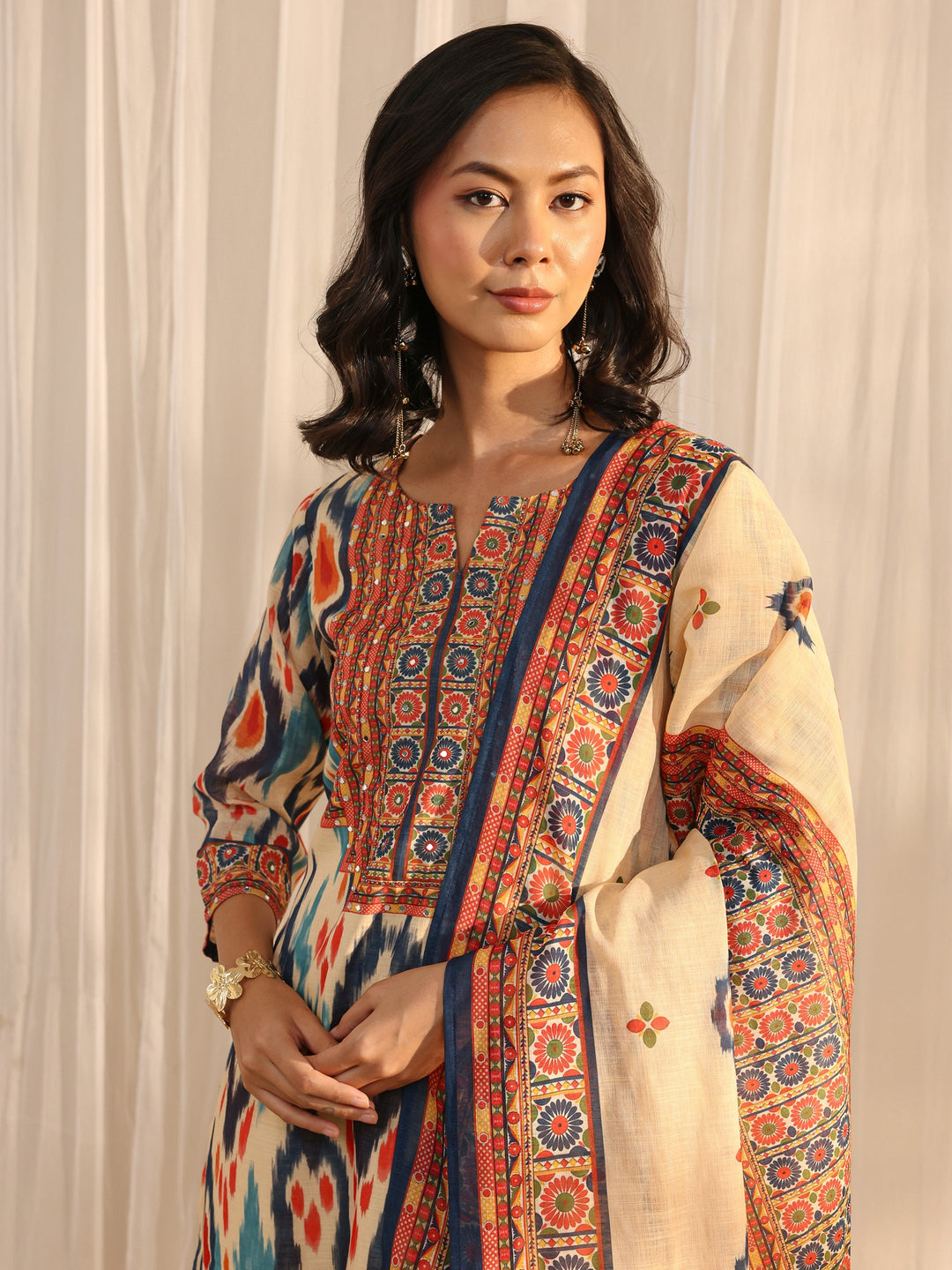 Multi Coloured Printed Cotton Blend Straight Suit Set With Dupatta
