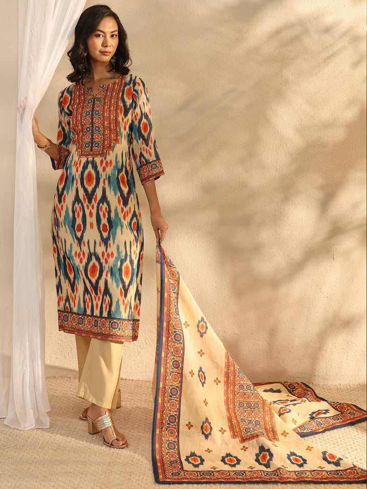 Multi Coloured Printed Cotton Blend Straight Suit Set With Dupatta