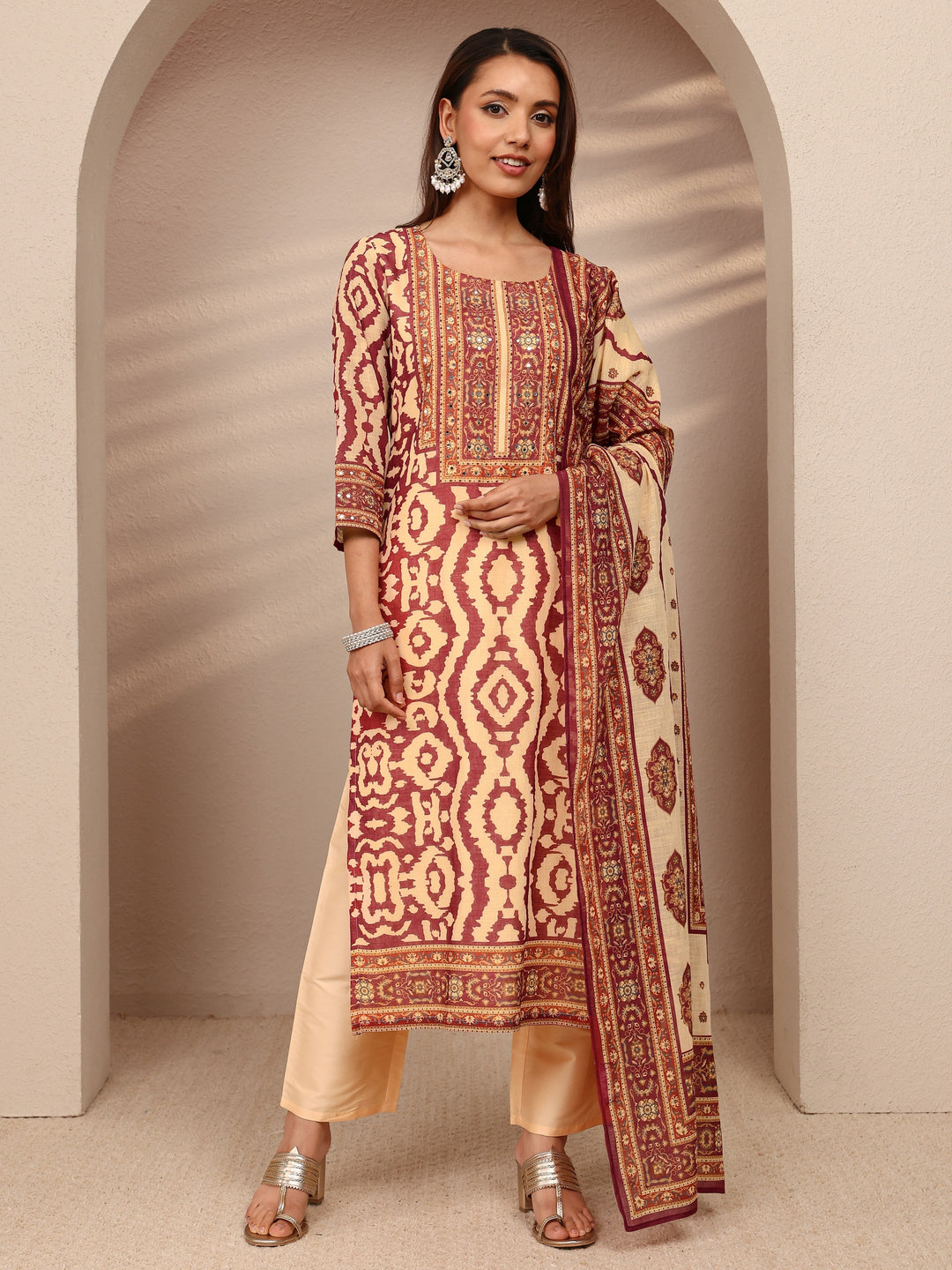 Maroon Printed Cotton Blend Straight Suit Set With Dupatta
