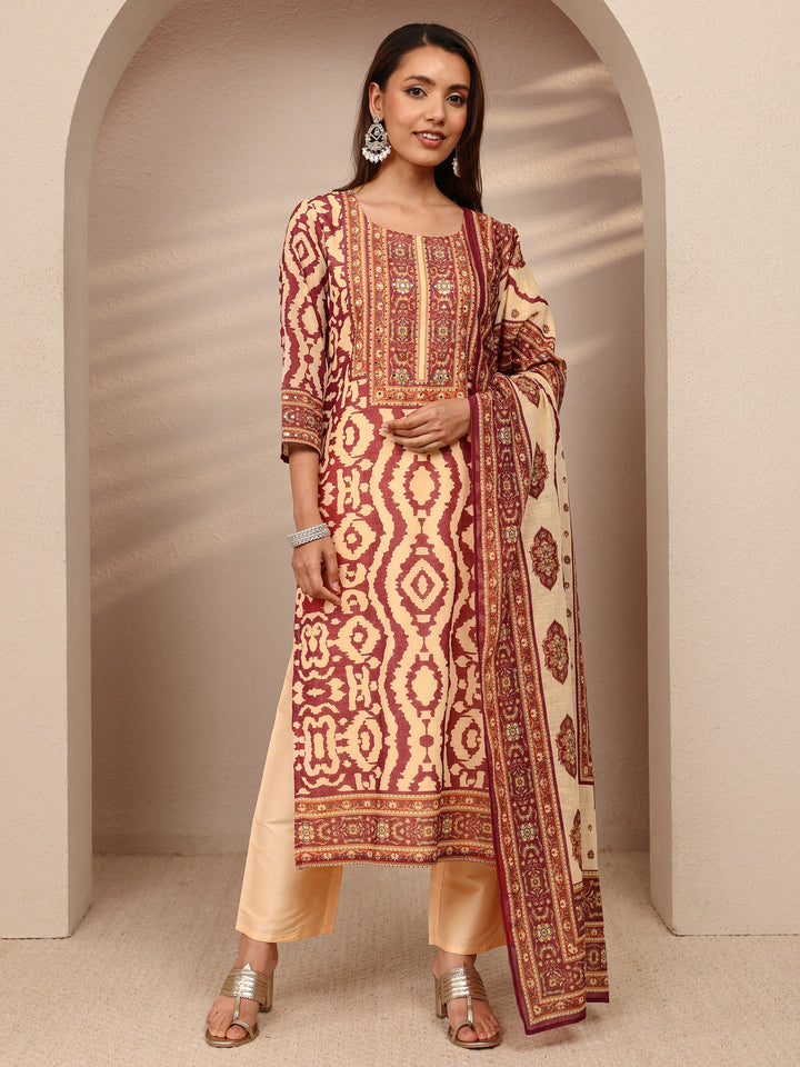 Maroon Printed Cotton Blend Straight Suit Set With Dupatta