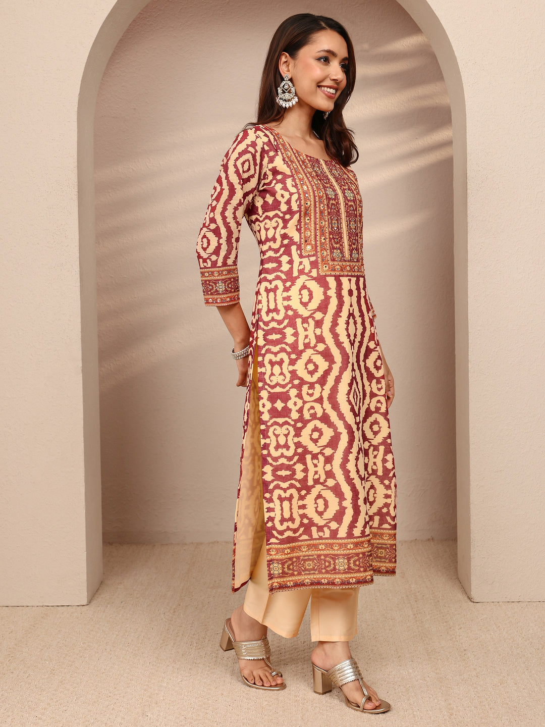 Maroon Printed Cotton Blend Straight Suit Set With Dupatta