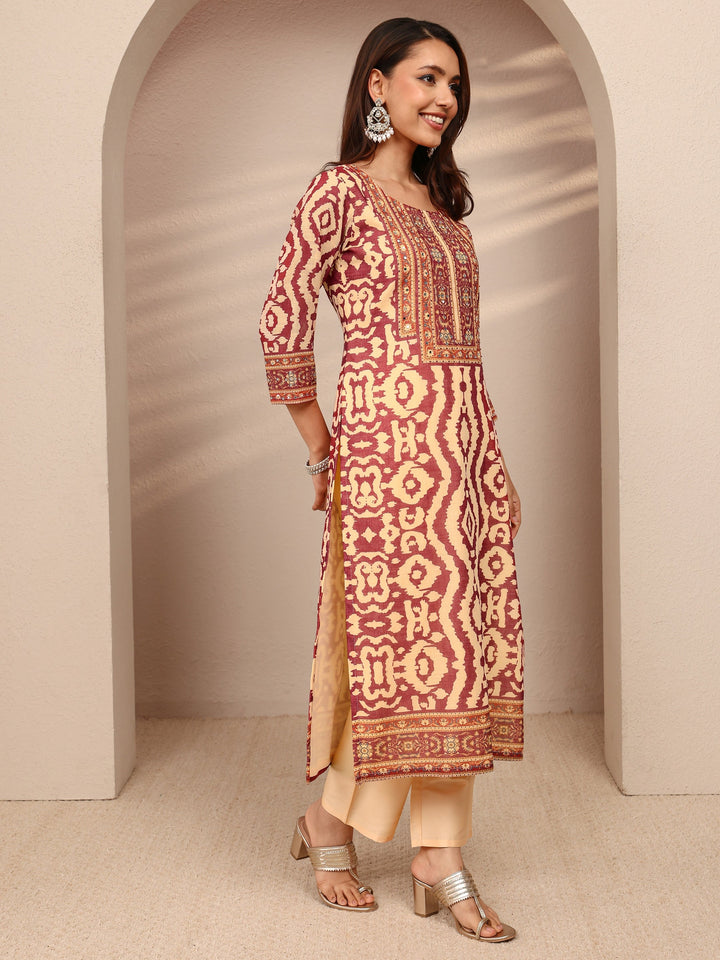 Maroon Printed Cotton Blend Straight Suit Set With Dupatta