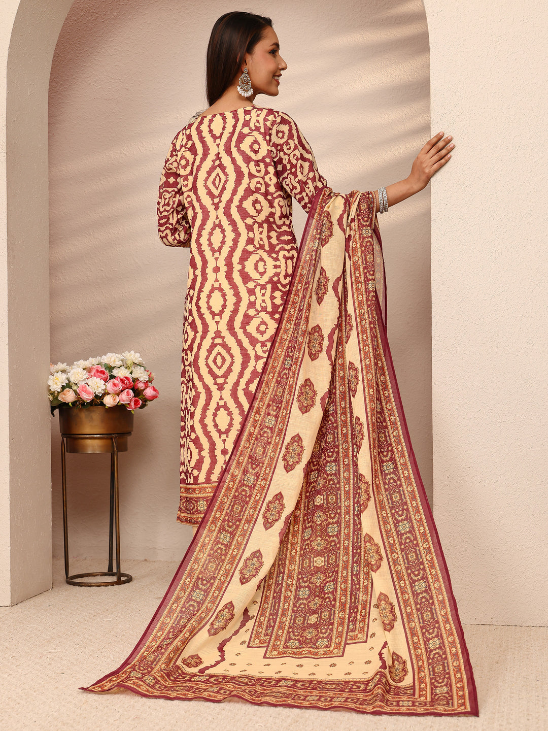 Maroon Printed Cotton Blend Straight Suit Set With Dupatta