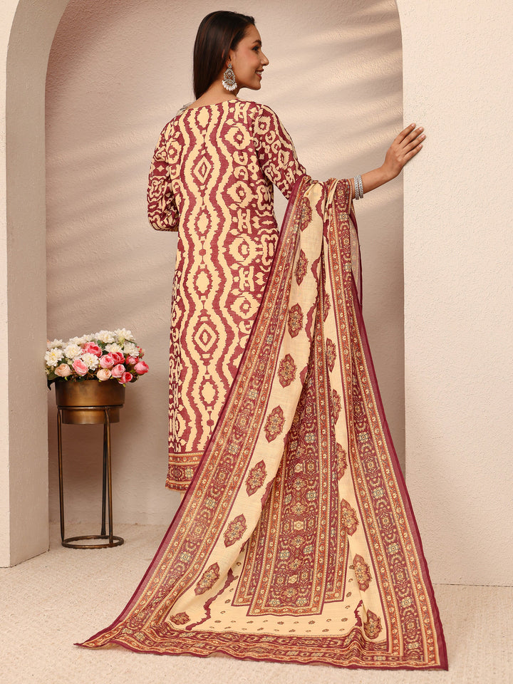 Maroon Printed Cotton Blend Straight Suit Set With Dupatta