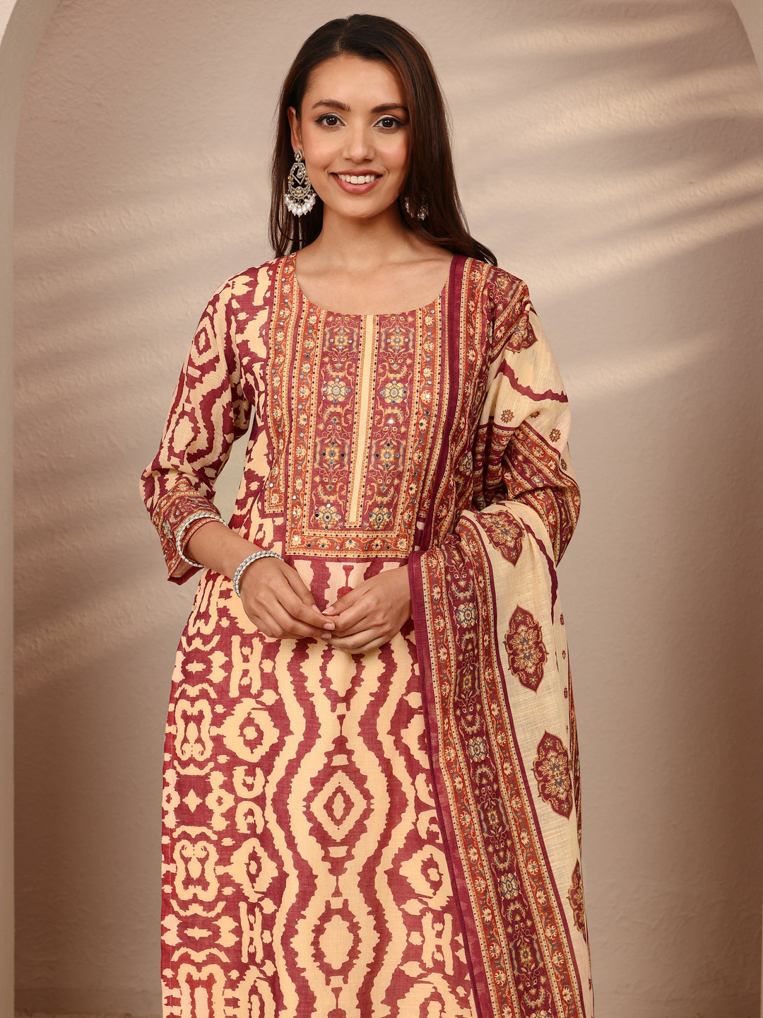 Maroon Printed Cotton Blend Straight Suit Set With Dupatta