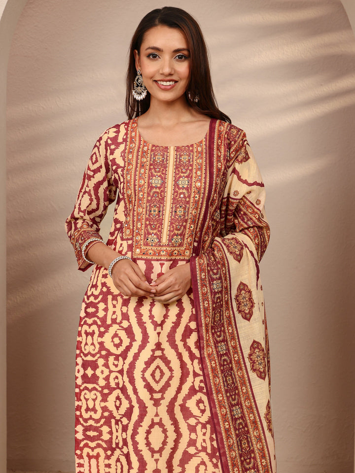 Maroon Printed Cotton Blend Straight Suit Set With Dupatta