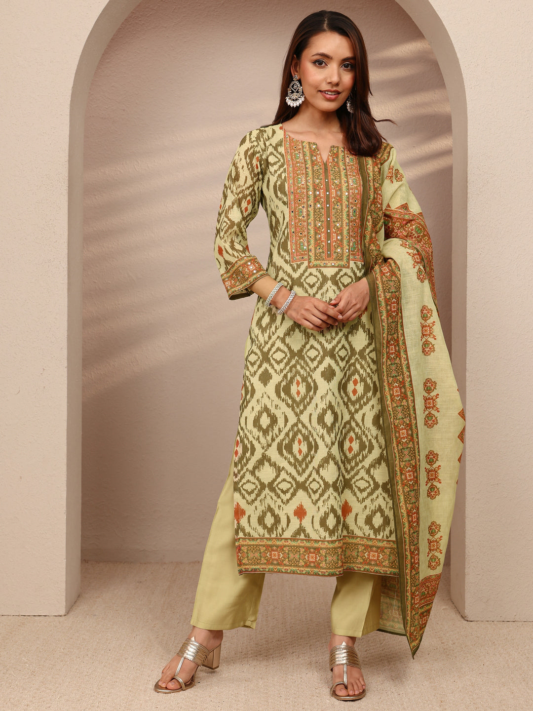 Green Printed Cotton Blend Straight Suit Set With Dupatta