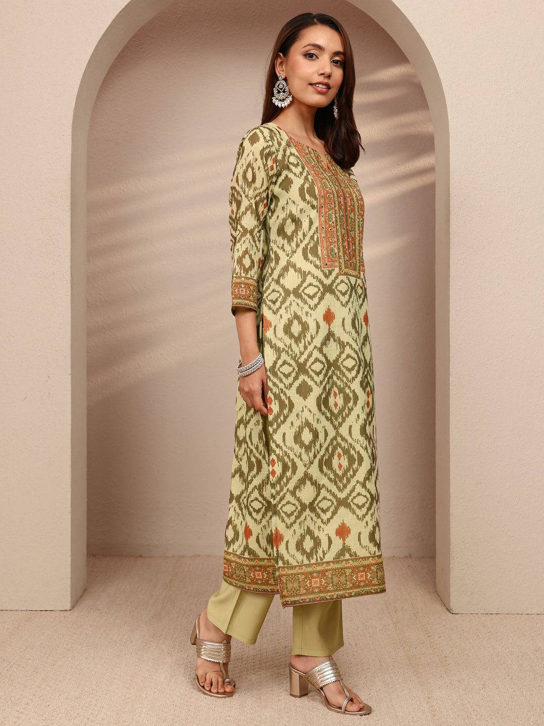 Green Printed Cotton Blend Straight Suit Set With Dupatta
