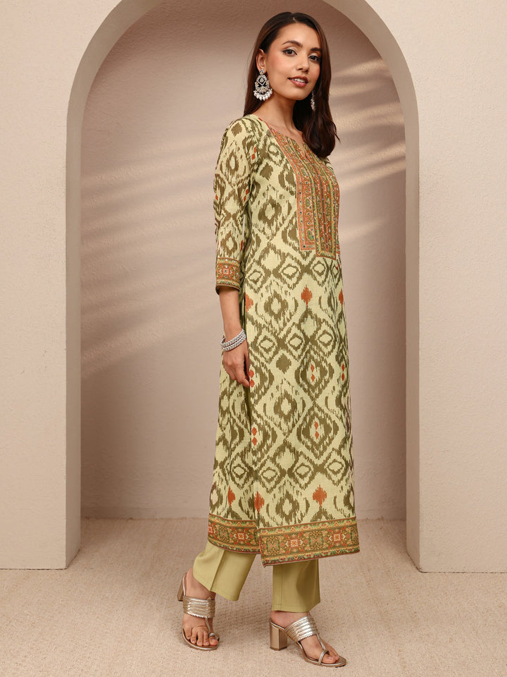 Green Printed Cotton Blend Straight Suit Set With Dupatta