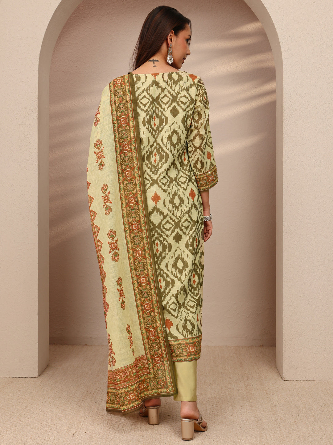 Green Printed Cotton Blend Straight Suit Set With Dupatta