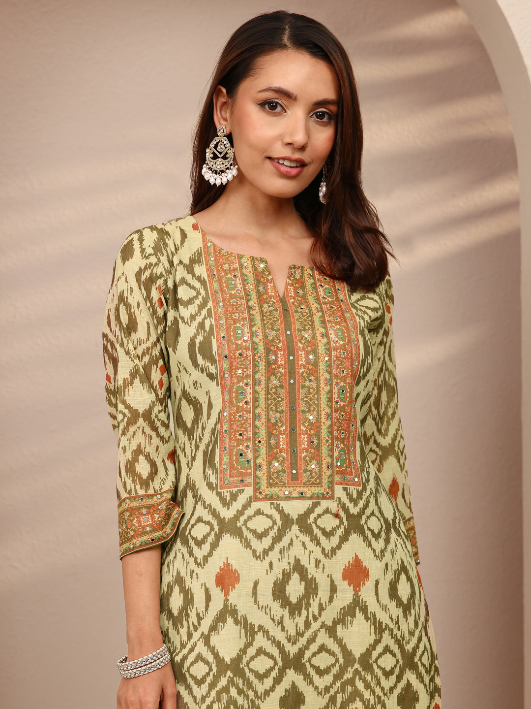 Green Printed Cotton Blend Straight Suit Set With Dupatta