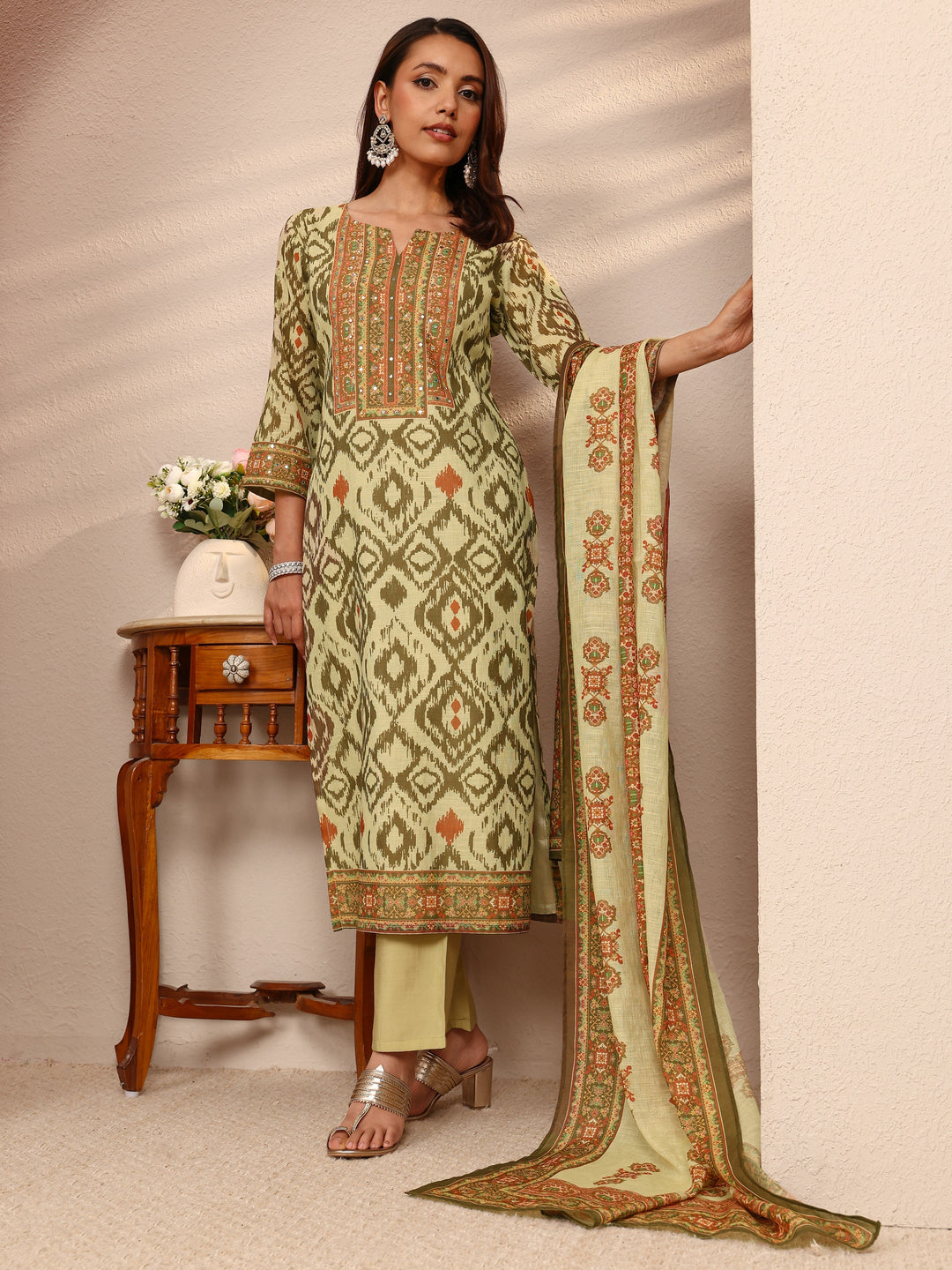 Green Printed Cotton Blend Straight Suit Set With Dupatta
