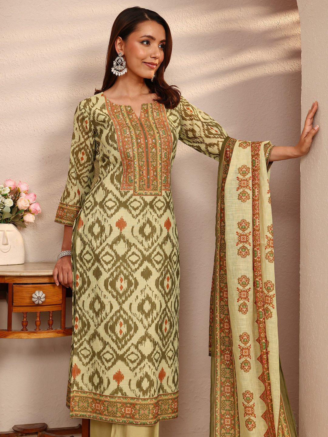 Green Printed Cotton Blend Straight Suit Set With Dupatta