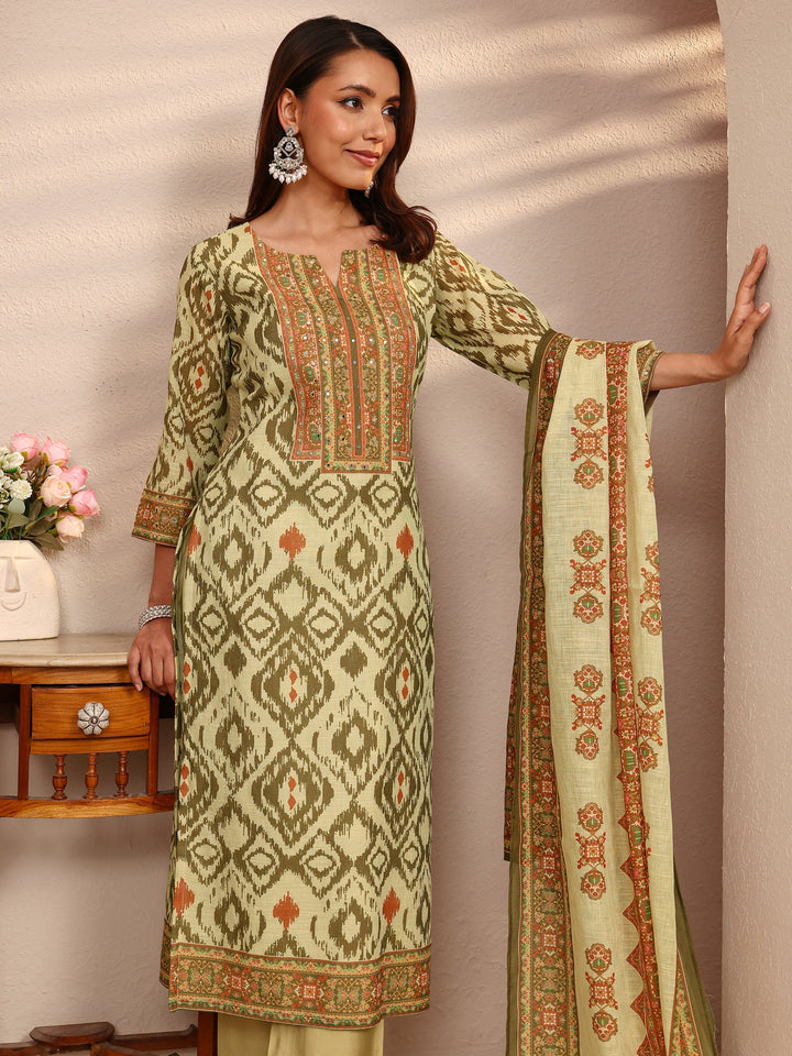 Green Printed Cotton Blend Straight Suit Set With Dupatta