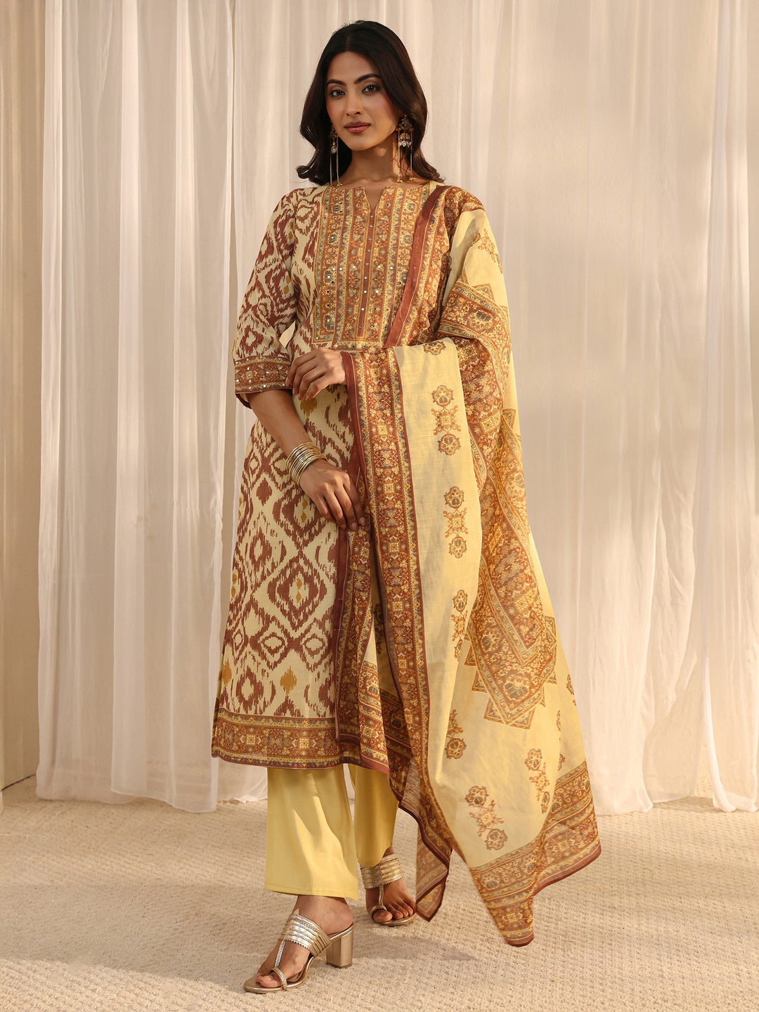 Beige Abstract Printed Cotton Blend Straight Suit Set With Dupatta