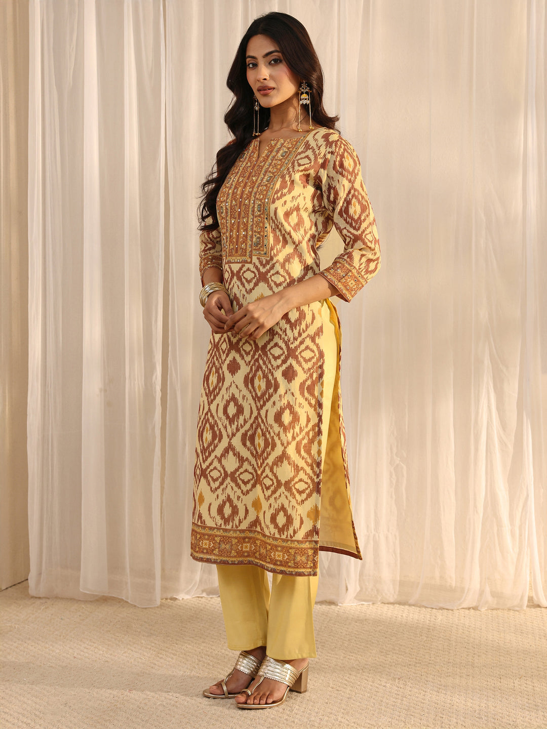 Beige Abstract Printed Cotton Blend Straight Suit Set With Dupatta