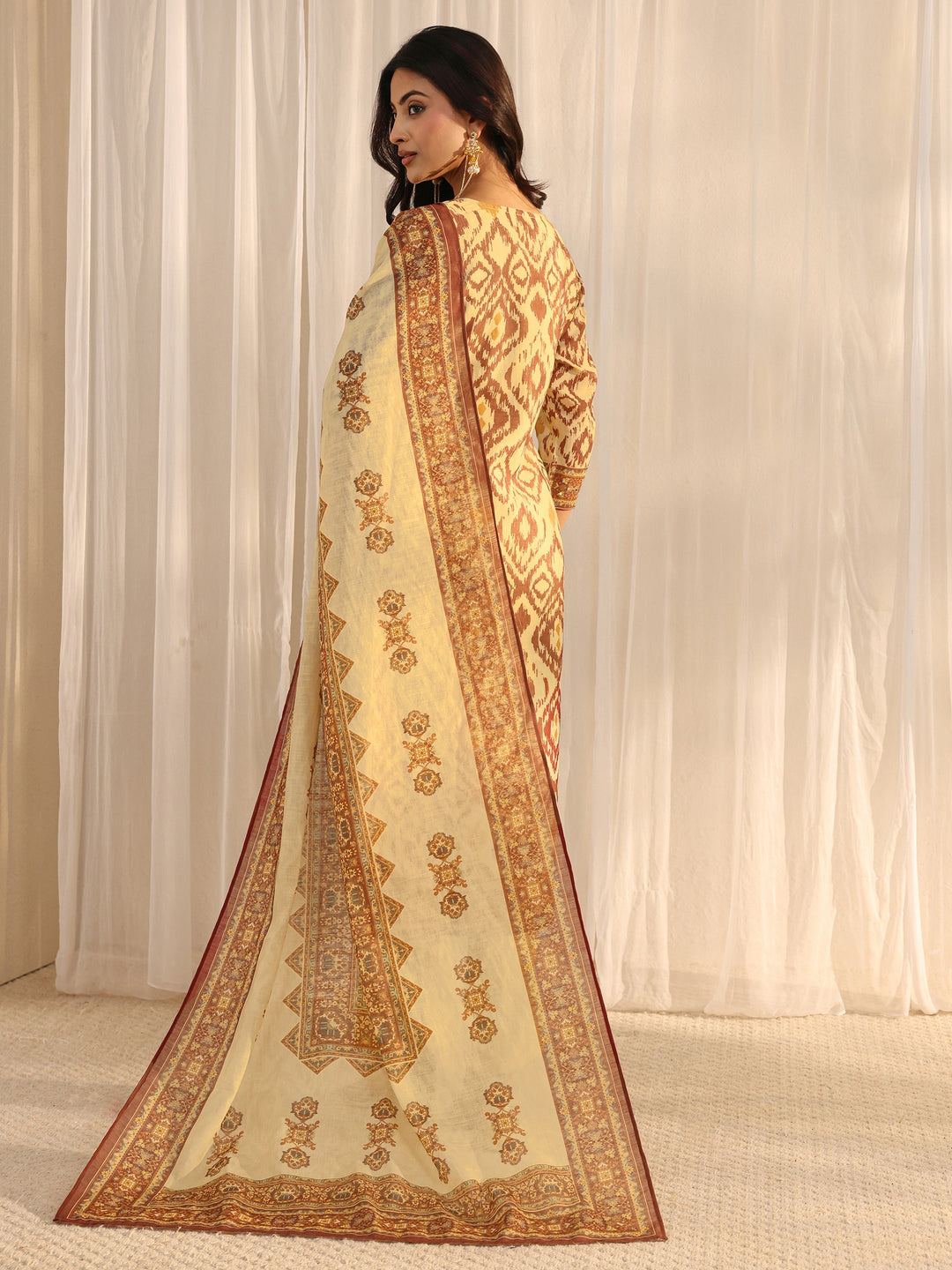 Beige Abstract Printed Cotton Blend Straight Suit Set With Dupatta