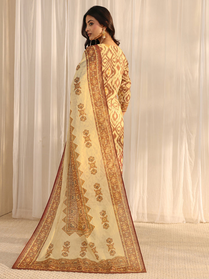 Beige Abstract Printed Cotton Blend Straight Suit Set With Dupatta