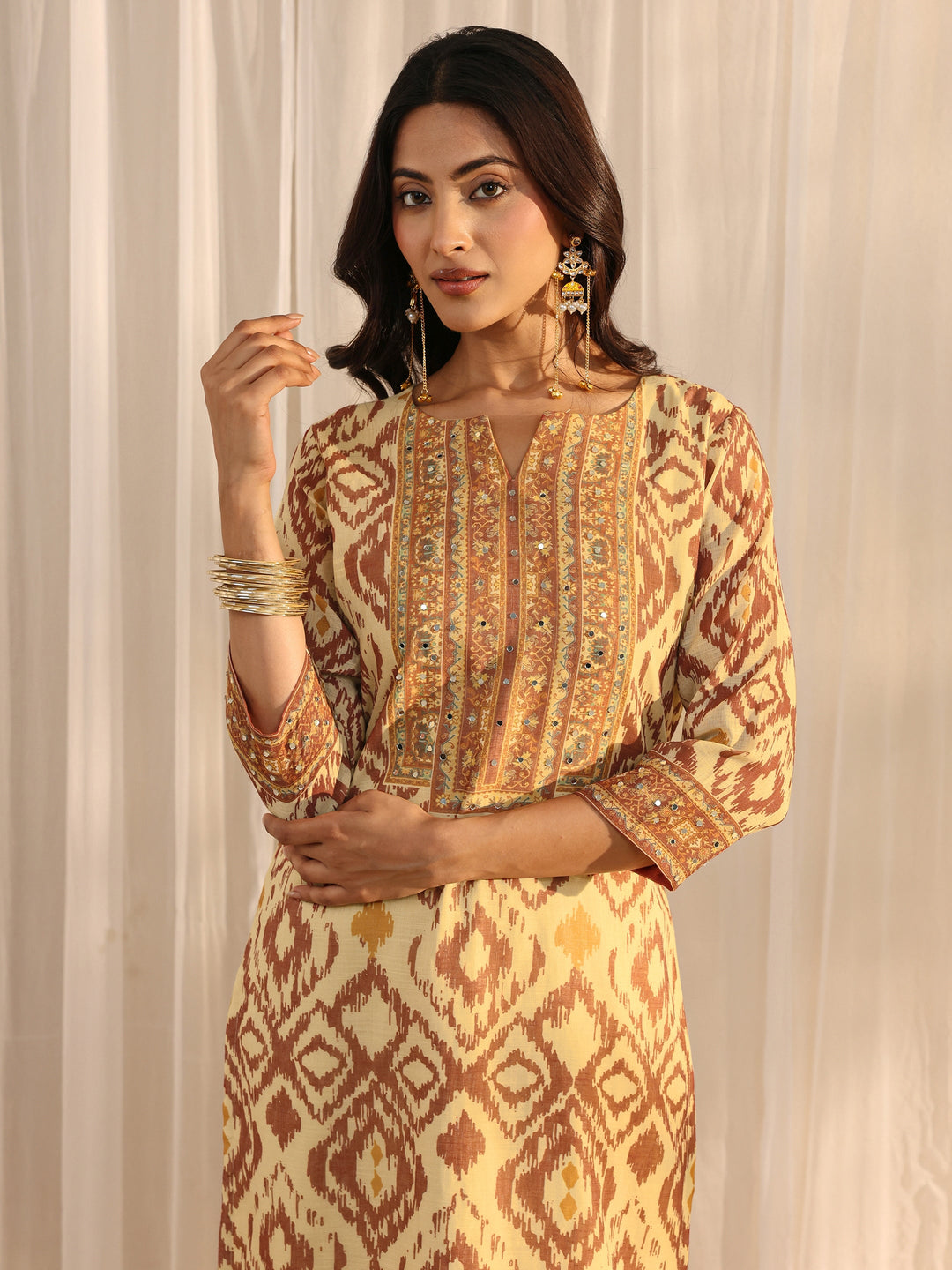 Beige Abstract Printed Cotton Blend Straight Suit Set With Dupatta