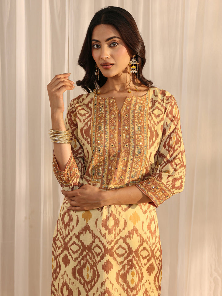Beige Abstract Printed Cotton Blend Straight Suit Set With Dupatta
