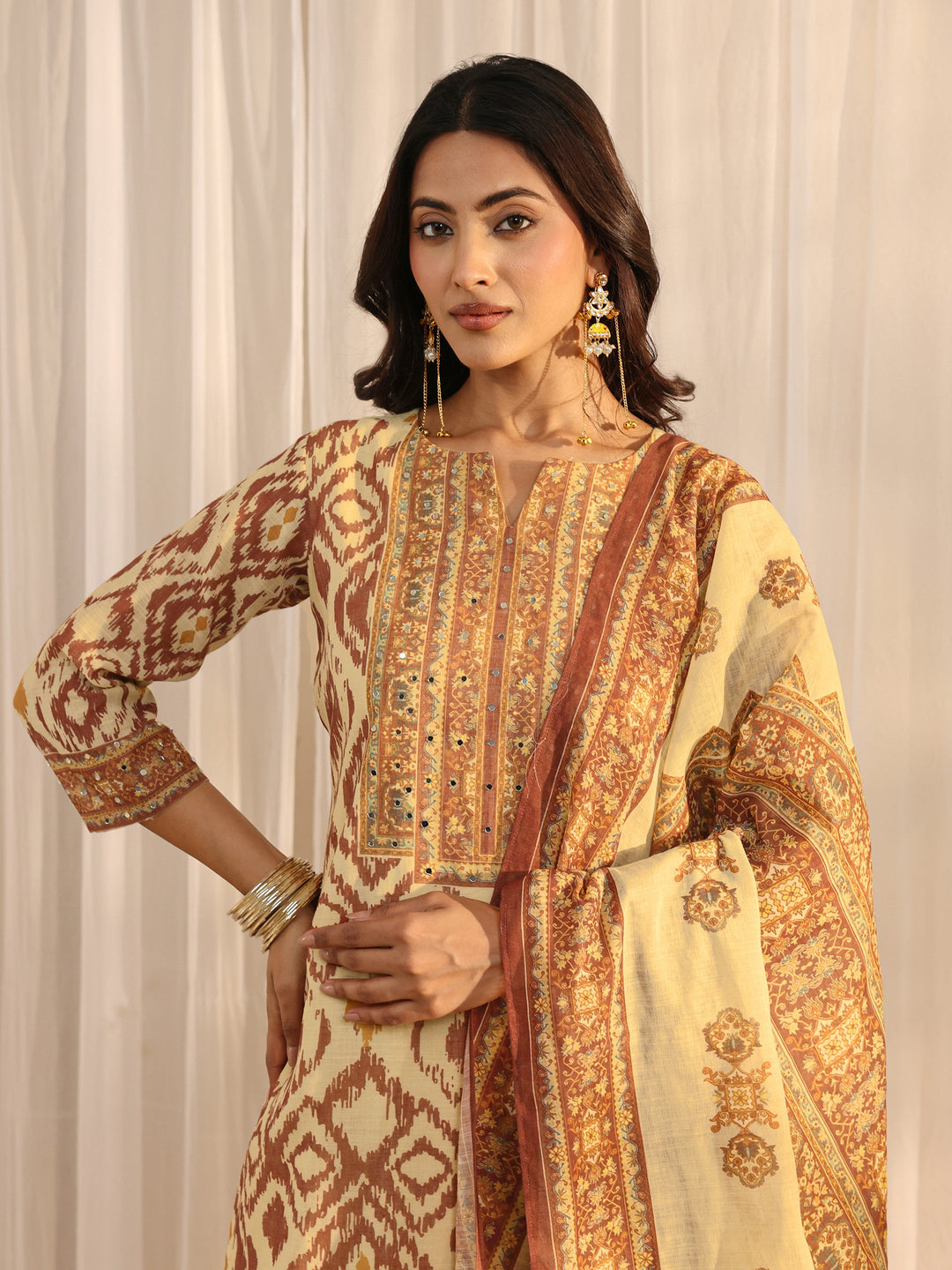 Beige Abstract Printed Cotton Blend Straight Suit Set With Dupatta