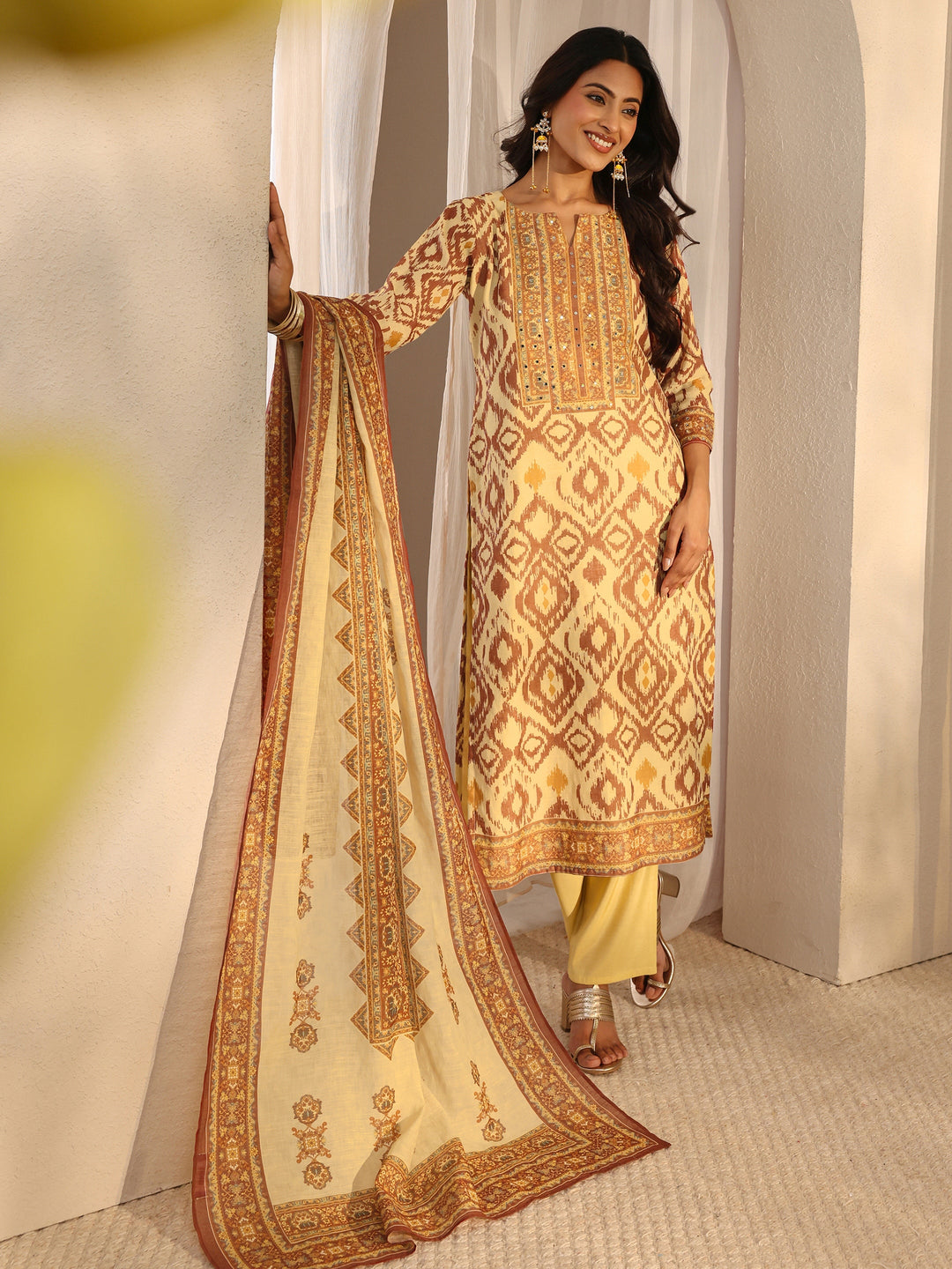 Beige Abstract Printed Cotton Blend Straight Suit Set With Dupatta
