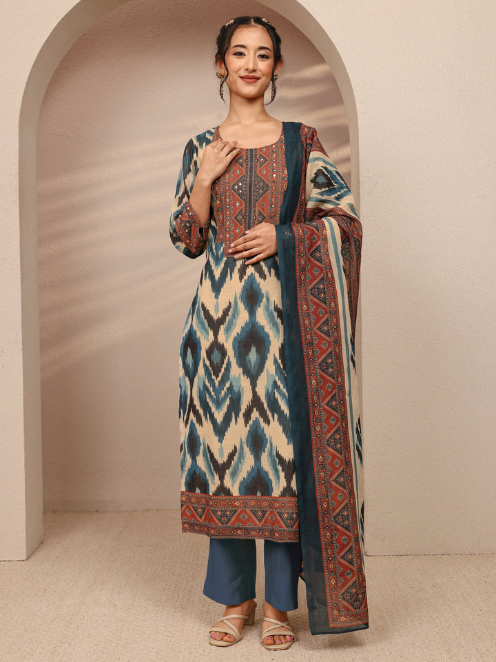 Blue Abstract Printed Cotton Blend Straight Suit Set With Dupatta