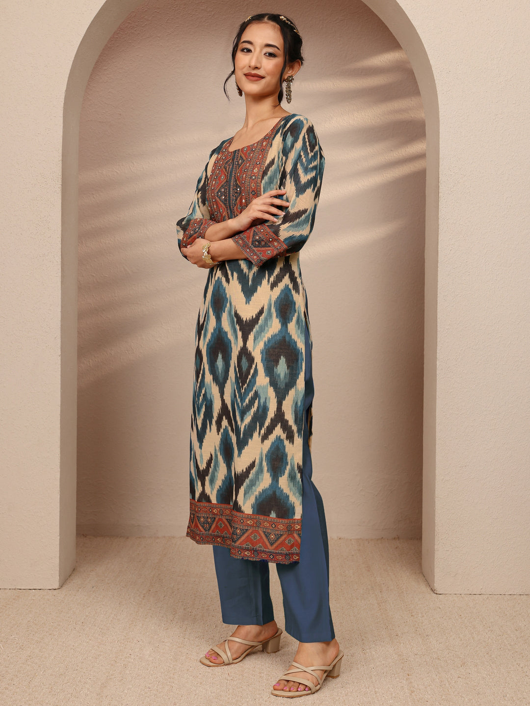 Blue Abstract Printed Cotton Blend Straight Suit Set With Dupatta