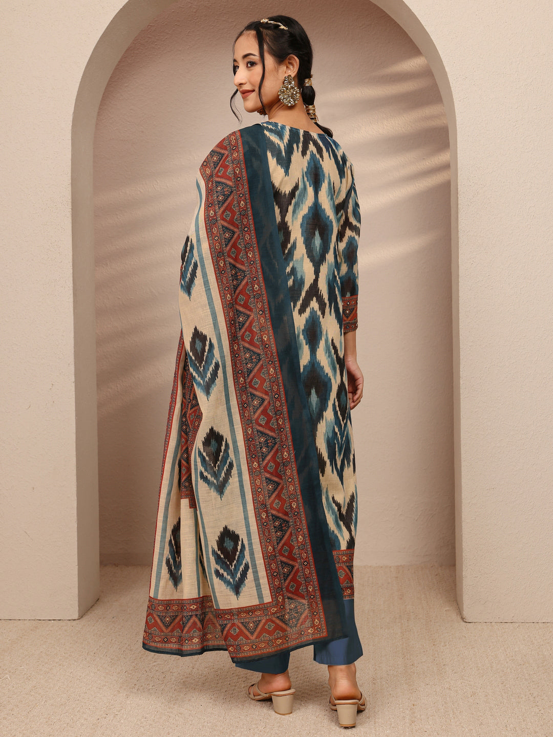 Blue Abstract Printed Cotton Blend Straight Suit Set With Dupatta