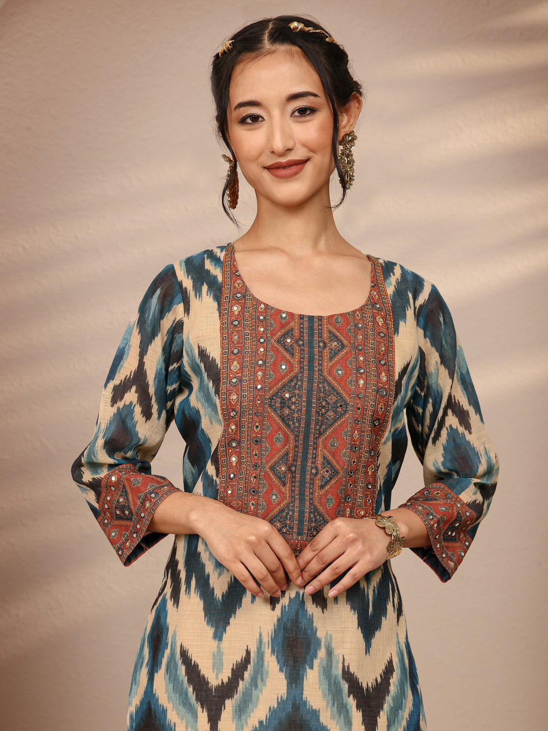 Blue Abstract Printed Cotton Blend Straight Suit Set With Dupatta