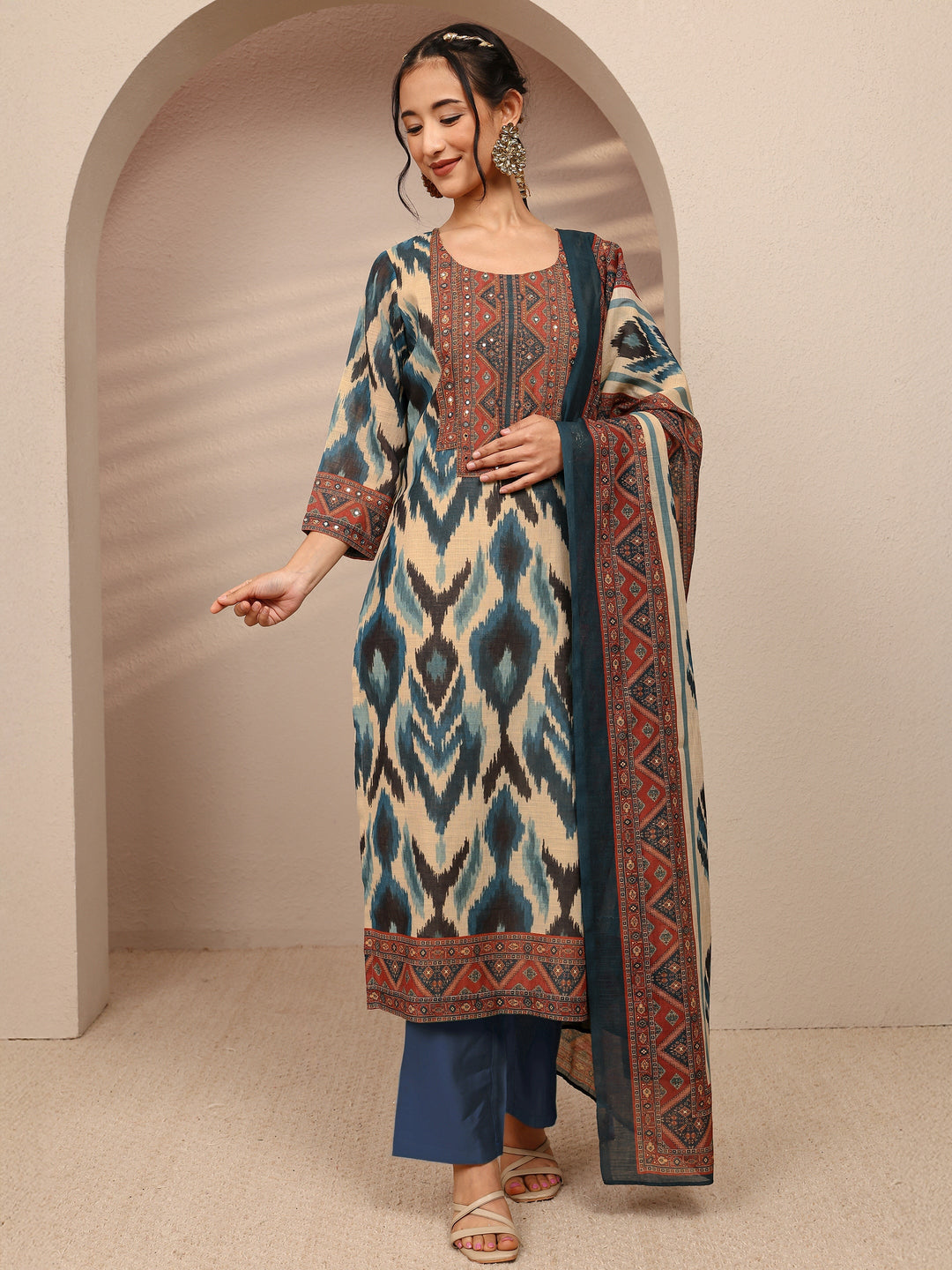 Blue Abstract Printed Cotton Blend Straight Suit Set With Dupatta