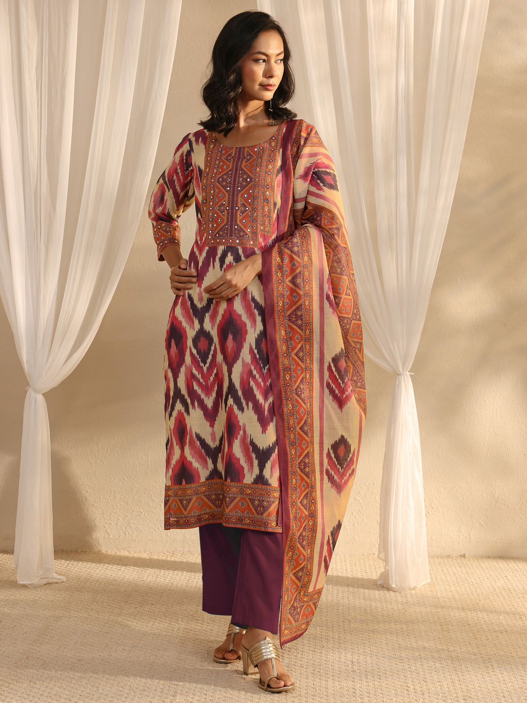 Multi Coloured Printed Cotton Blend Straight Suit Set With Dupatta