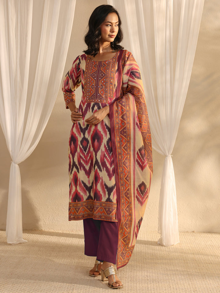Multi Coloured Printed Cotton Blend Straight Suit Set With Dupatta