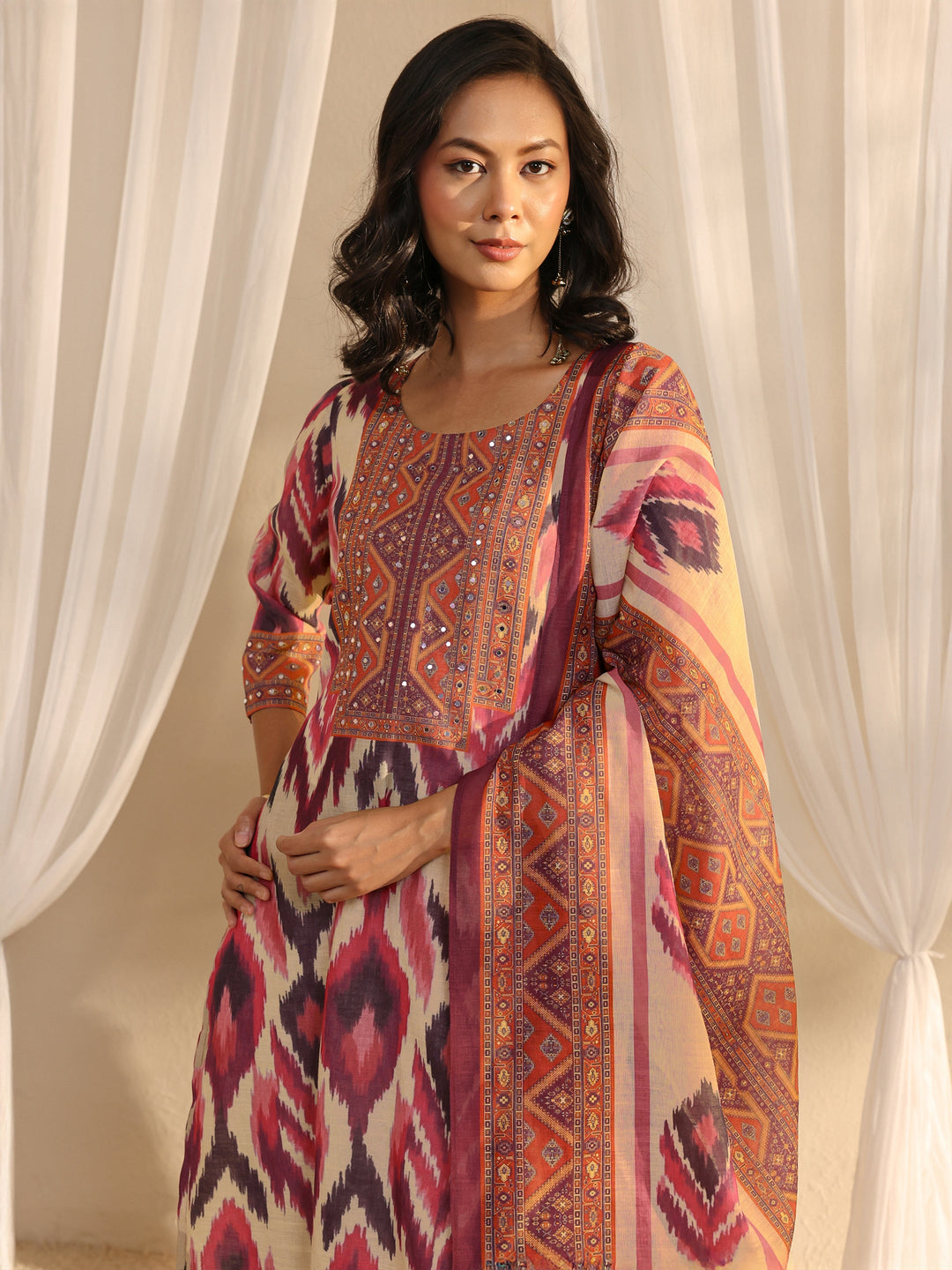 Multi Coloured Printed Cotton Blend Straight Suit Set With Dupatta
